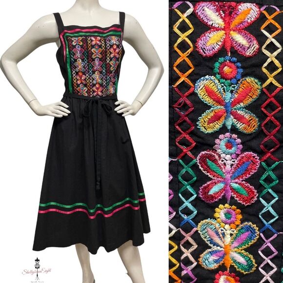 VINTAGE 70s 80s Embroidered BUTTERFLIES Folk Art Peasant Sun Dress Boho 8 10 M - Picture 3 of 16